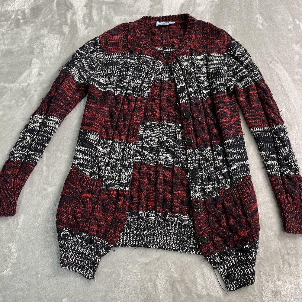 Prada Cardigan Sweater Womens‎ M Red Black Striped Cable Knit Button Pockets